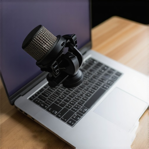 Optimized Budget Creator Setup A creative workspace showing a laptop on a cooling stand with a professional microphone for podcasting and editing.