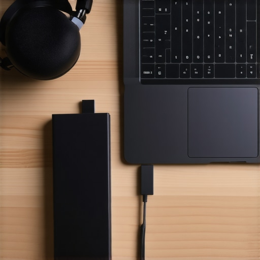 Optimized Creative Workspace and Tools A high-performance laptop setup for video editing and podcasting with external hardware.