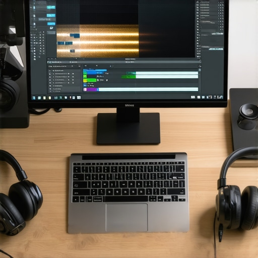 Professional video editing workstation featuring a laptop stand and color-accurate external monitor.