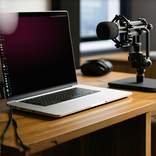 Optimized Creator Laptop Desk Setup A laptop on a cooling stand with external SSD and microphone for content creation.