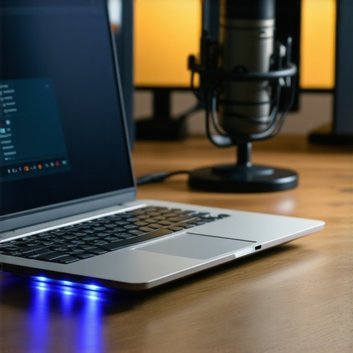 Optimized Creator Laptop Setup with Cooling Pad A laptop on a cooling pad in a professional creator studio environment.