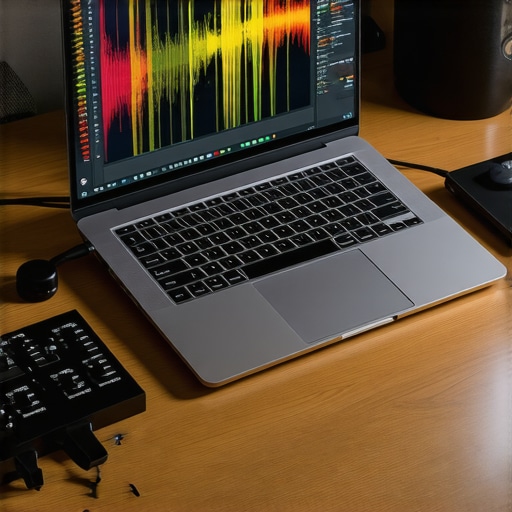 Optimized Creator Laptop Studio Setup A high-performance laptop connected to professional audio gear for podcasting and editing.