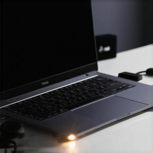 Optimized Creator Laptop Studio Workspace Layout An open creator laptop on a studio desk showcasing optimal heat management and active hub connection