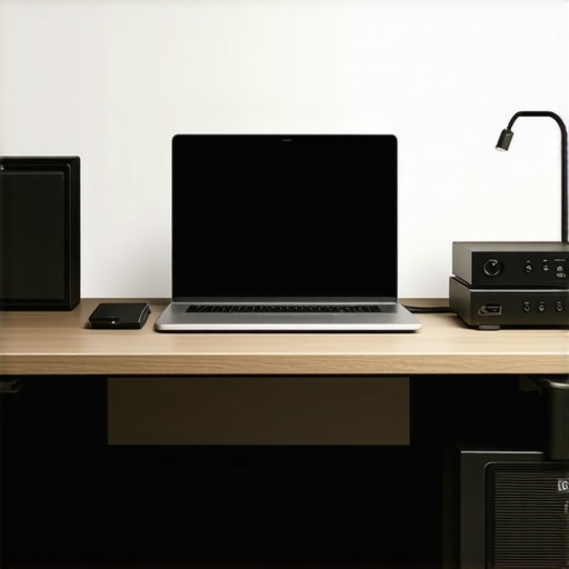 Optimized Creator Laptop Workspace A creator laptop setup with external SSD and cooling stand for maximum performance.