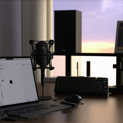 Optimized Creator Laptop Workspace Setup A professional creator laptop connected to a docking station with external monitors and podcasting gear
