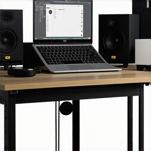 Optimized Creator Laptop Workspace A professional laptop cooling and audio recording setup on a desk.