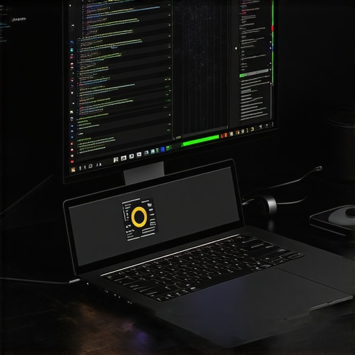 Optimized Creator Workspace with External Hardware A studio setup showing a professional laptop with a Thunderbolt dock and color calibration tool for video editing.