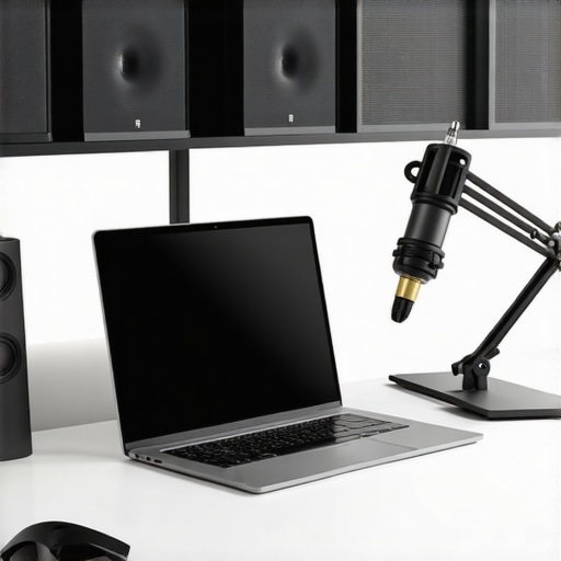 Optimized Creator Workspace with Thunderbolt Dock A professional creator desk setup showing a laptop connected to an external dock and audio gear for maintenance and scaling.