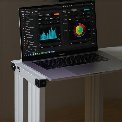 Optimized Laptop Cooling Setup A creator laptop on a cooling stand with system monitoring software open.