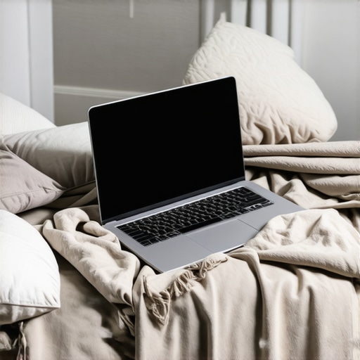 A laptop setup for audio recording with acoustic treatment using household items.