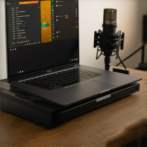 Optimized Laptop Setup for Quiet Podcasting A laptop on a cooling riser connected to professional audio gear to minimize fan noise during recording.