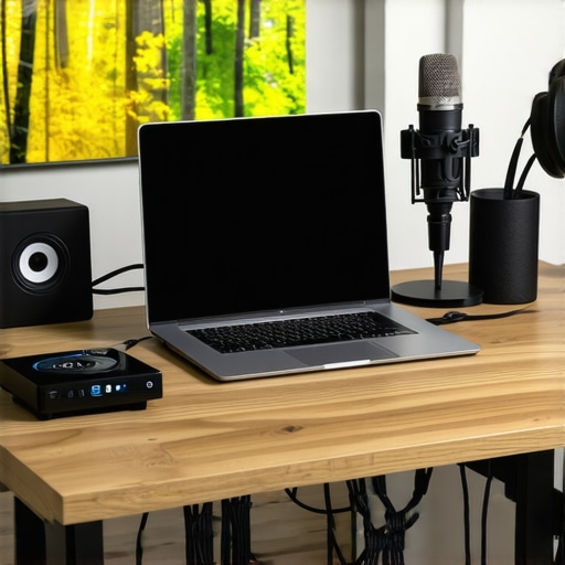 Optimized Laptop Workstation for Content Creators A professional laptop setup featuring a cooling pad, external dock, and audio gear for high-end production.
