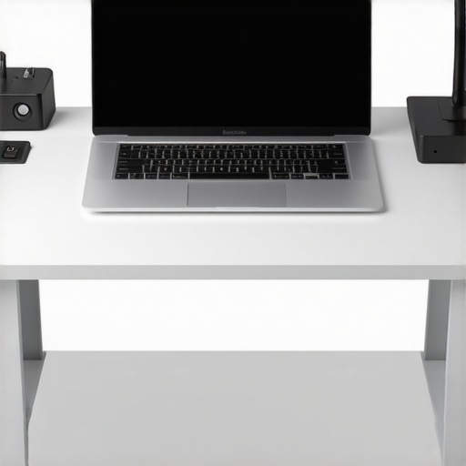 Optimized Mobile Creator Workstation A professional laptop setup for video editing and podcasting with external drives and cooling stand.