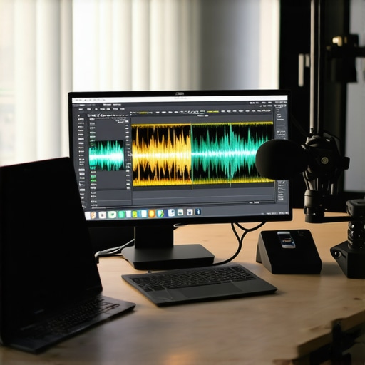 Optimized Pro Creator Workspace Setup A professional docked laptop setup for video editing and podcasting with dual monitors and an audio interface.