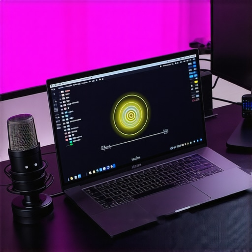 Optimized Professional Creator Workstation High-end creator laptop on a cooling pad in a professional studio setup