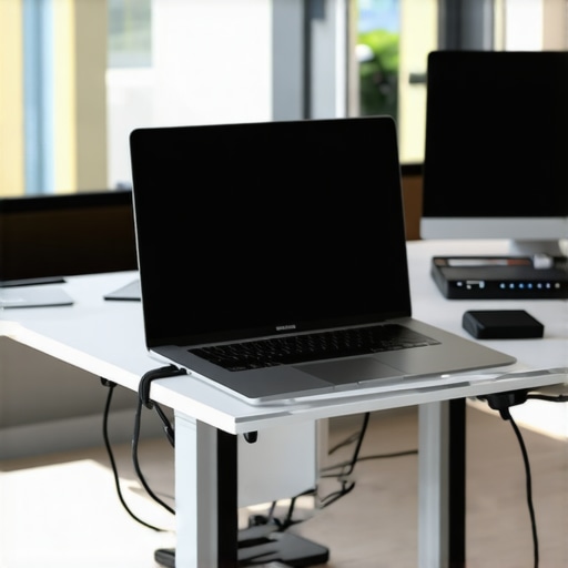 A professional laptop on a cooling stand with external gear for content creation.