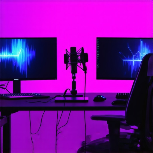Optimized Streaming Laptop Workspace A high-end laptop-based streaming studio setup with professional lighting and audio equipment.