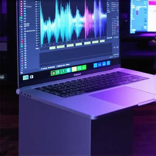 Optimized Video Editing Setup A creator laptop on a cooling stand showing a video editing timeline to prevent thermal throttling.