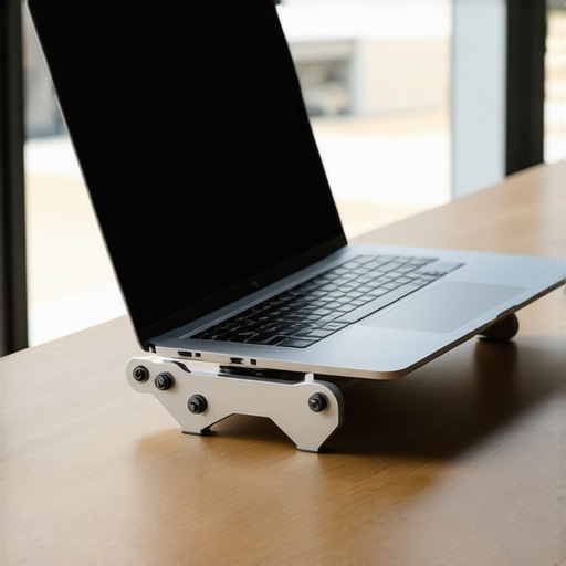 A laptop elevated on a stand to prevent overheating during creative work