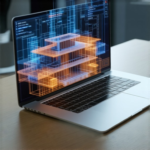 A high-performance laptop running architectural 3D modeling software with a smooth viewport display.
