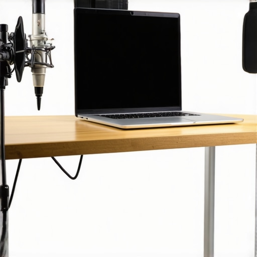 A studio laptop on a cooling stand next to a professional microphone setup.