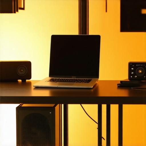 High-performance creator laptop on a cooling stand for better airflow.
