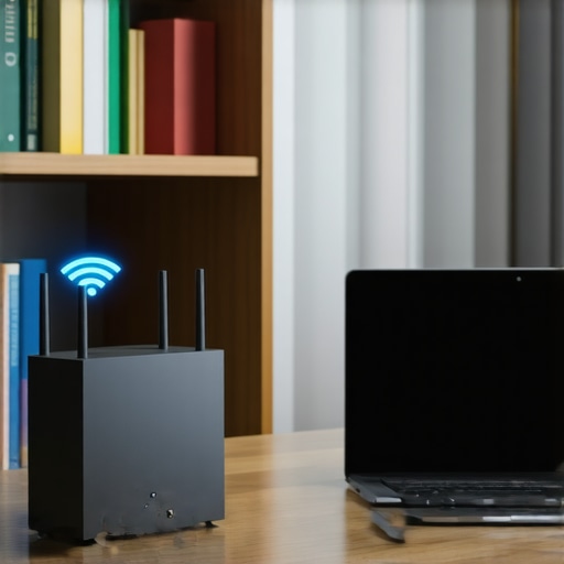 Optimizing Router Placement for Streaming A Wi-Fi router elevated on a bookshelf to improve wireless signal stability for a streaming laptop.