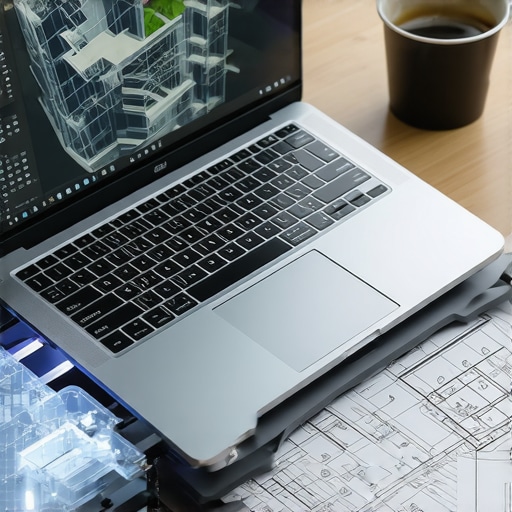 A gaming laptop on a cooling pad displaying an architectural 3D model on a professional desk.