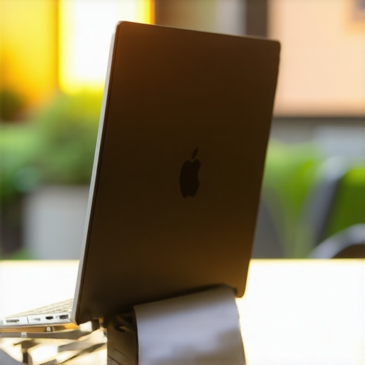 Optimizing laptop airflow with a cooling stand Professional laptop on a cooling stand to prevent overheating while charging