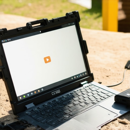 Outdoor Live Streaming Laptop Setup High-brightness matte screen laptop used for live streaming in sunny outdoor conditions