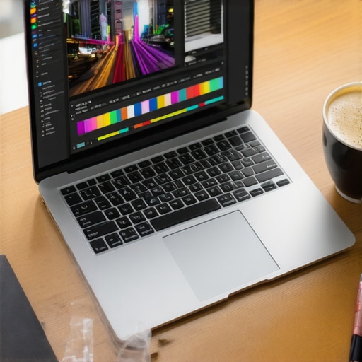 A slim professional laptop displaying a video editing timeline in a busy cafe environment.