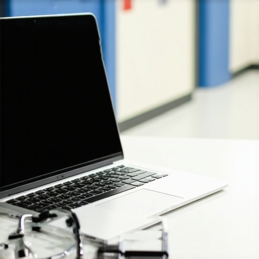 A lightweight laptop and stethoscope on a nursing station desk.