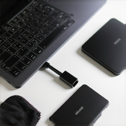 Pro Creator Laptop Maintenance Kit Close-up of a laptop with external SSD and cleaning supplies on a wooden desk