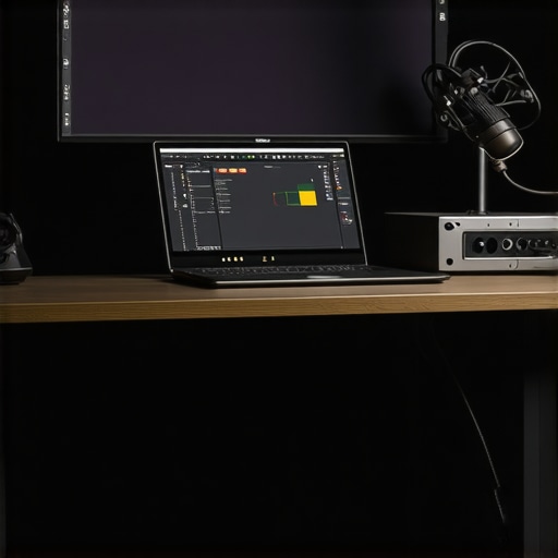 High-end creator laptop on a cooling pad with professional studio accessories