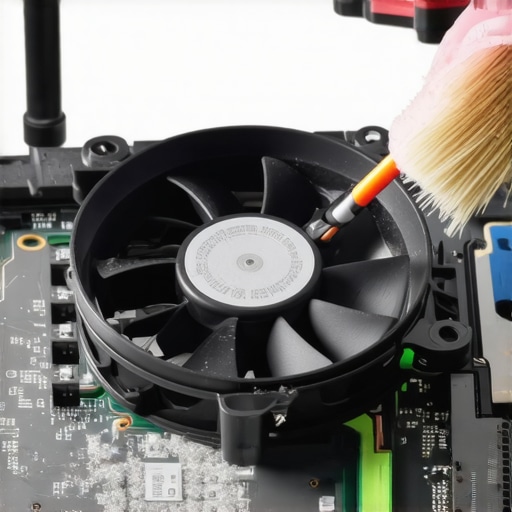 Proactive Laptop Fan Cleaning Close-up of a person cleaning dust out of a high-performance laptop fan assembly