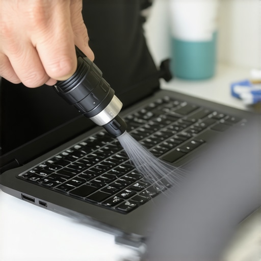 Proactive Laptop Maintenance for Medical Professionals Cleaning dust from a high-performance laptop in a medical setting
