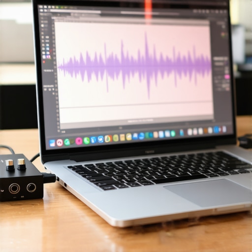 Professional Audio Interface Connected to Creator Laptop Laptop setup for music production with a professional audio interface.