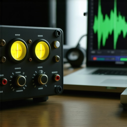 Professional Audio Interface Gain Calibration Close-up of audio interface meters and laptop DAW for podcast recording