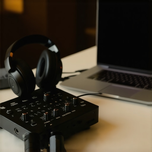Professional Audio Interface Setup for Laptops A high-quality external audio interface connected to a laptop for professional sound monitoring.
