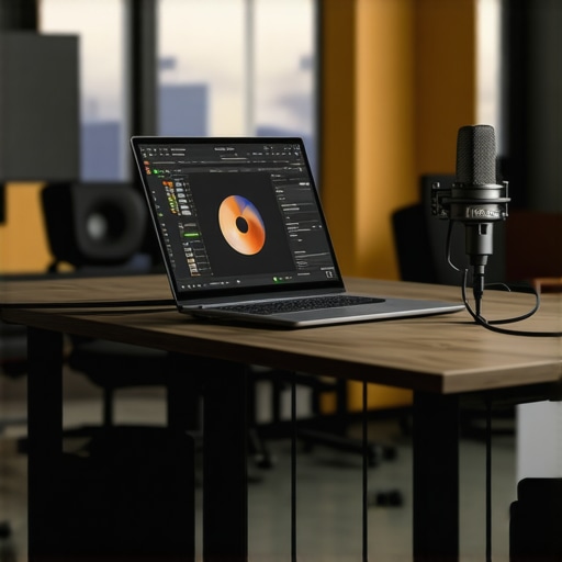Close-up of a creator laptop on a cooling stand with a high-quality audio connection.