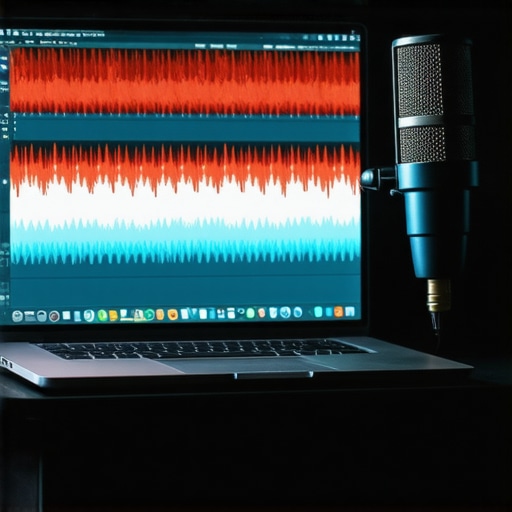 Professional Audio Latency and Waveform Monitoring A laptop screen showing digital audio clipping and latency monitoring software in a studio.