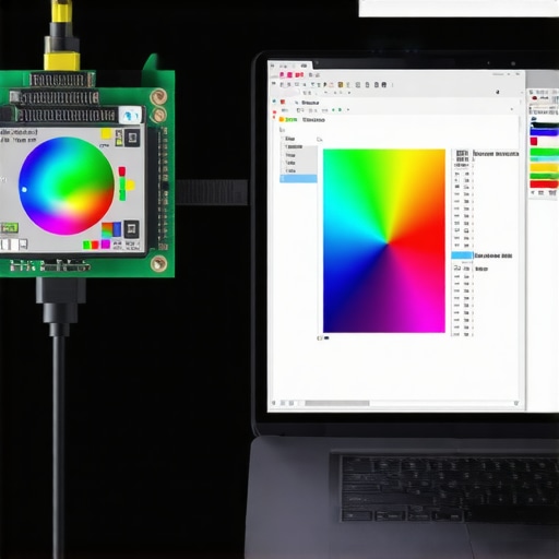 Professional Color Calibration Tool on Laptop Display A hardware colorimeter calibrating a laptop screen for professional print design accuracy