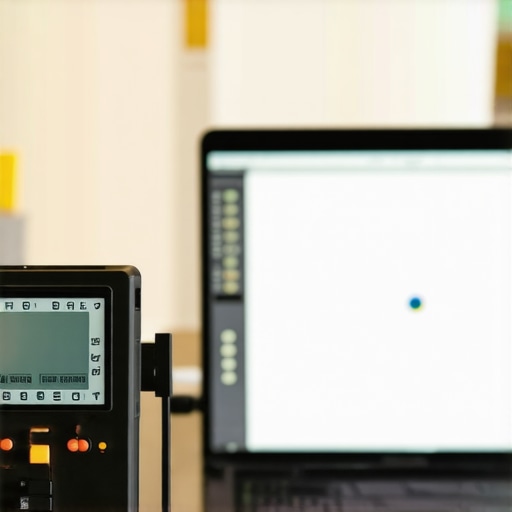 Professional Colorimeter Screen Calibration A colorimeter device calibrating a high-end creator laptop display in a studio environment.