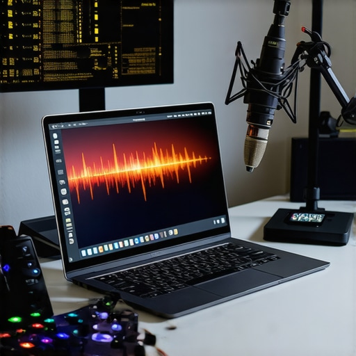 Professional Content Creator Laptop Setup A high-end laptop integrated into a professional podcasting and editing studio environment.