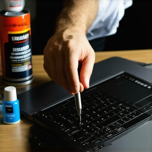 Professional Creative Laptop Maintenance A person performing maintenance on a high-end creator laptop with cleaning tools.