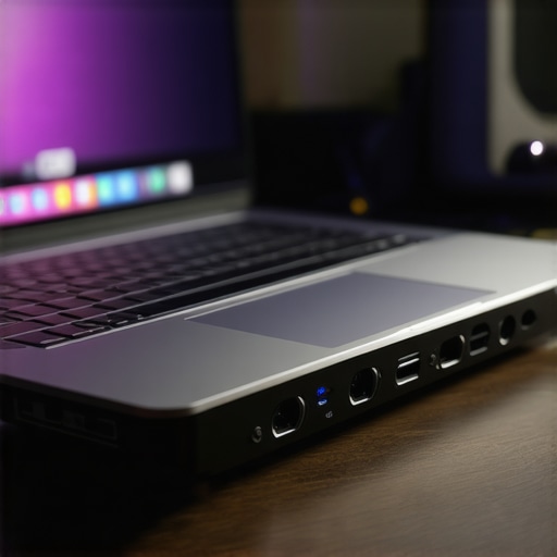 Professional Creative Laptop Port Setup Close-up of a high-end laptop connected to an audio interface with Thunderbolt 4 for professional recording.