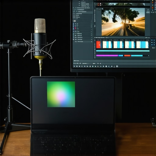 Professional Creator Laptop Calibration Setup A laptop being calibrated for color accuracy on a professional content creator's desk.