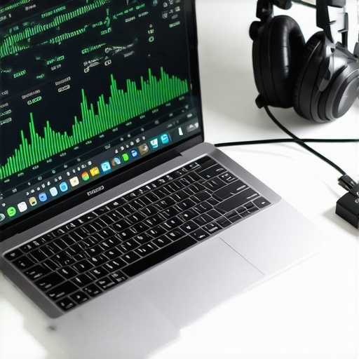 Professional Creator Laptop Diagnostic Setup Close-up of a laptop running audio diagnostic software for zero-latency monitoring.