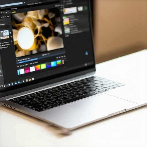 Professional Creator Laptop Display for Video Editing A laptop screen showing a professional video editing software interface with high color accuracy.
