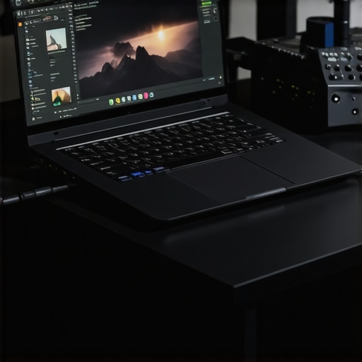 A detailed setup showing a creator laptop with professional peripherals and cooling solutions.